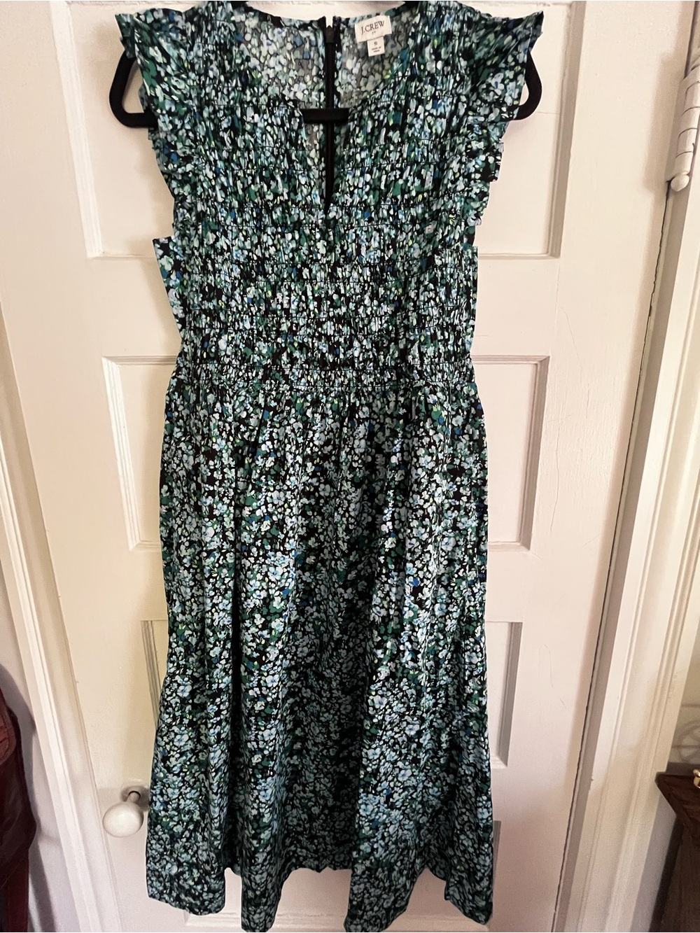 J. Crew Blue Green and Black Floral Smocked Midi Dress